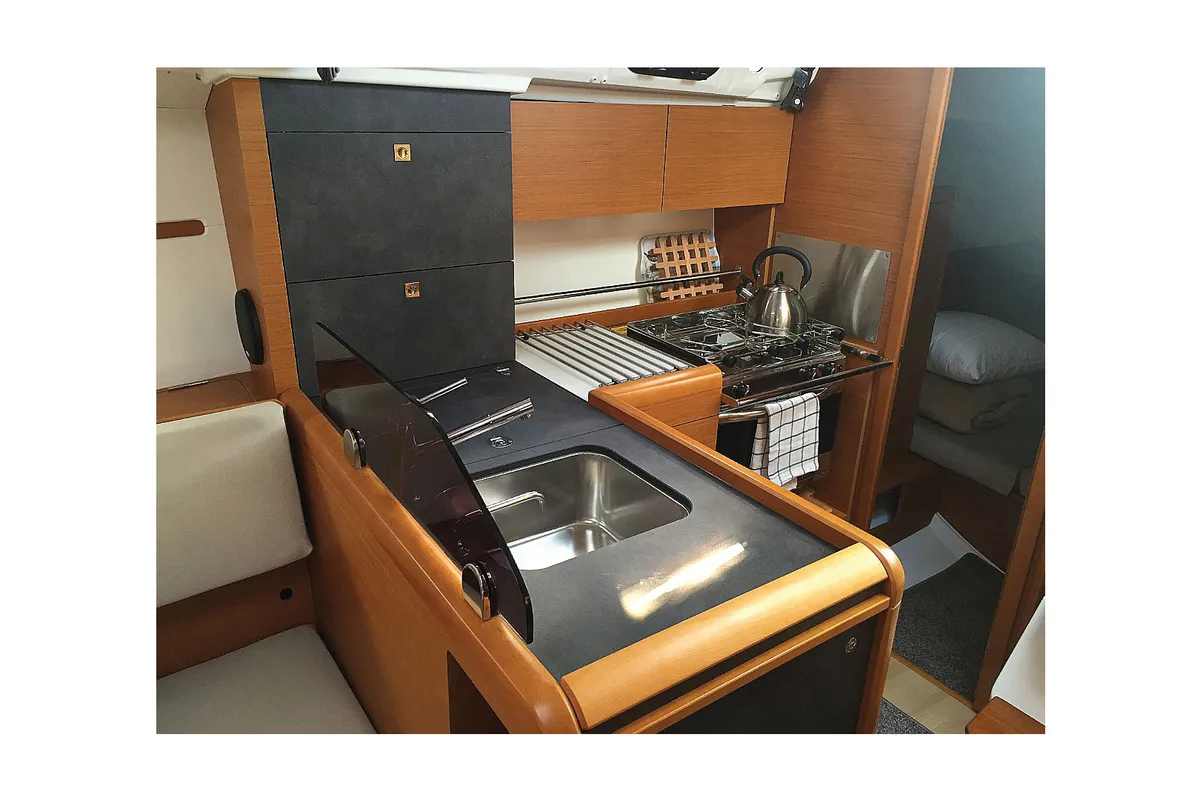 Galley of Bliss, a Jeanneau Sun Odyssey 349 sailboat at Kontokali, Greece