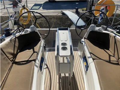 Cockpit of Bliss, a Jeanneau Sun Odyssey 349 sailboat at Kontokali, Greece