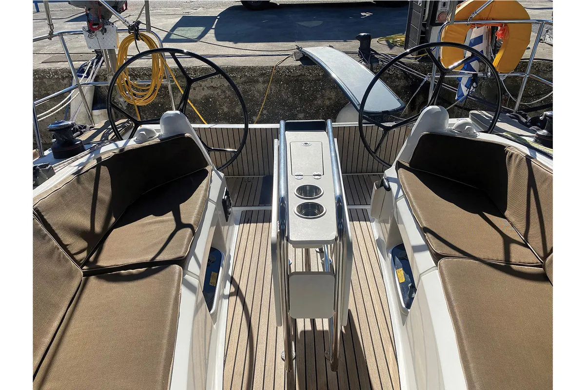 Cockpit of Bliss, a Jeanneau Sun Odyssey 349 sailboat at Kontokali, Greece