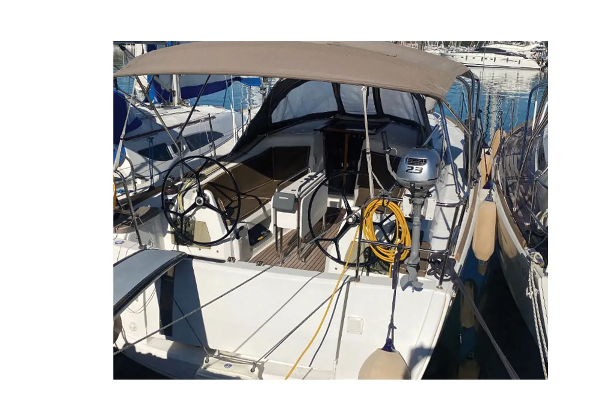 Exterior view of Bliss, a Jeanneau Sun Odyssey 349 sailboat at Kontokali, Greece