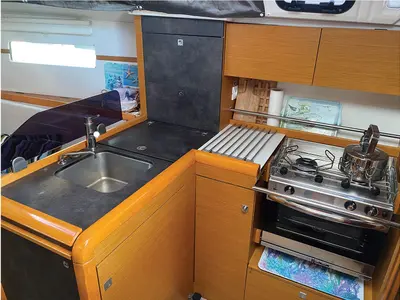 Galley of Bliss, a Jeanneau Sun Odyssey 349 sailboat at Kontokali, Greece