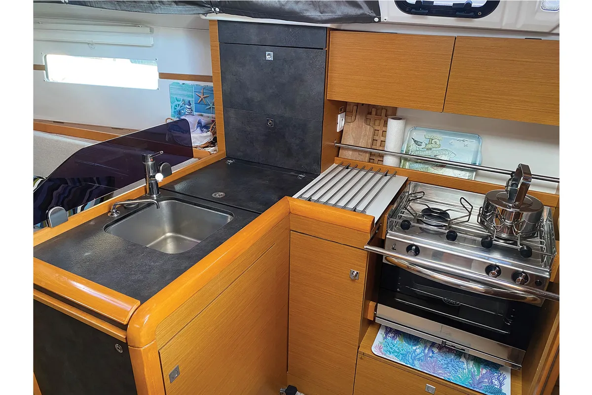 Galley of Bliss, a Jeanneau Sun Odyssey 349 sailboat at Kontokali, Greece