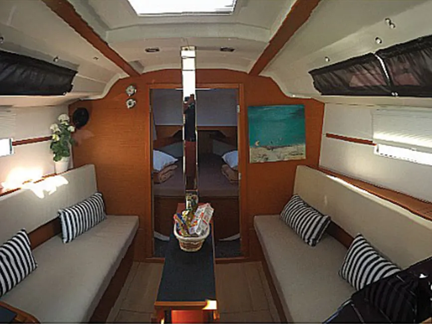 Salon of Bliss, a Jeanneau Sun Odyssey 349 sailboat at Kontokali, Greece