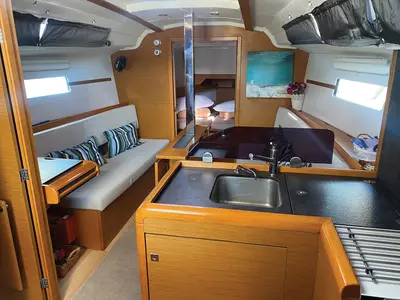Salon of Bliss, a Jeanneau Sun Odyssey 349 sailboat at Kontokali, Greece