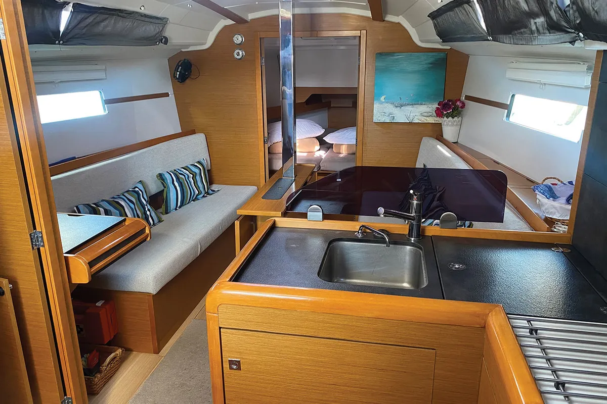 Salon of Bliss, a Jeanneau Sun Odyssey 349 sailboat at Kontokali, Greece