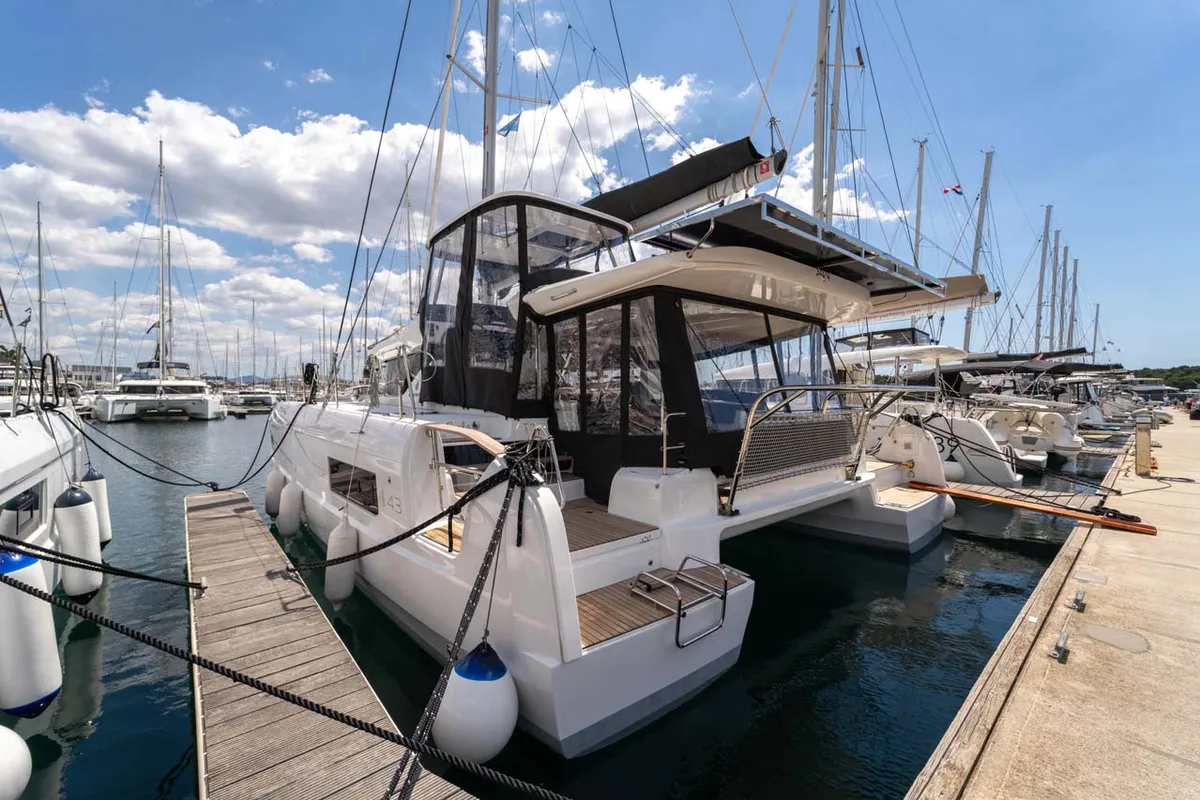 Exterior view of La Perla, a Lagoon 43 catamaran at Grad Šibenik, Croatia