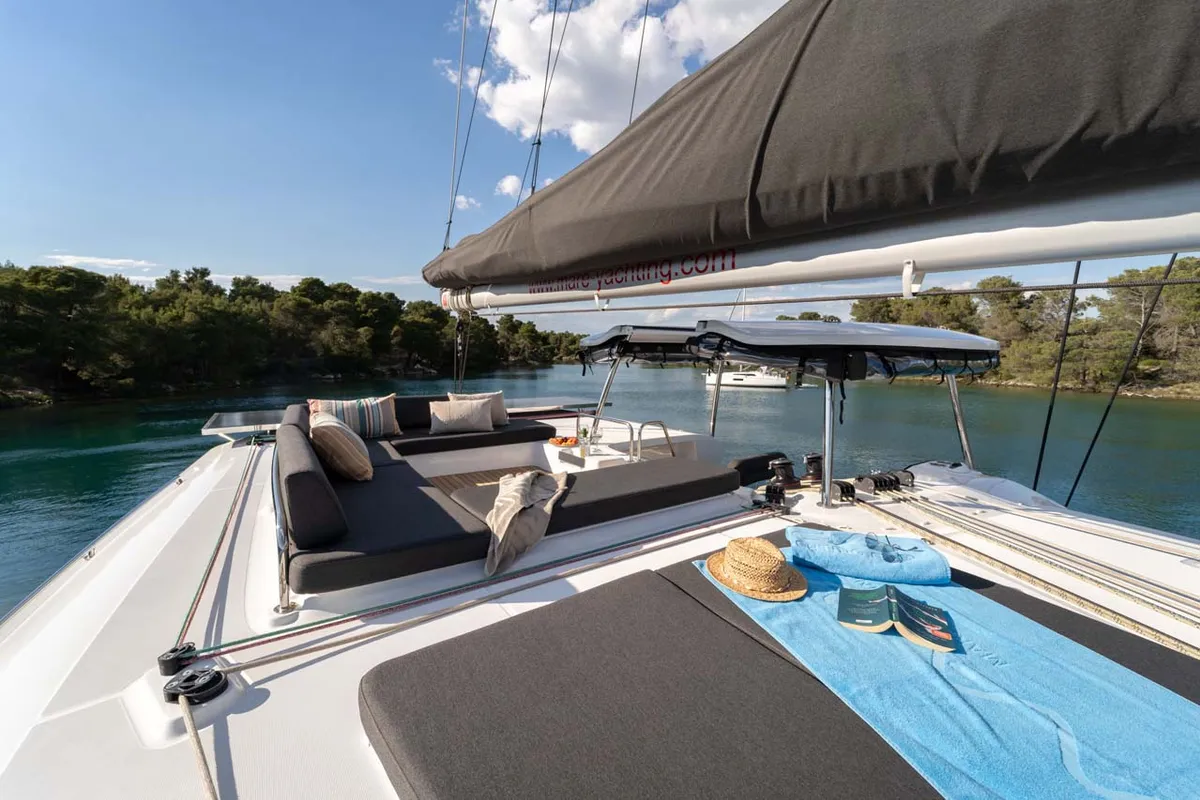 Deck of La Perla, a Lagoon 43 catamaran at Grad Šibenik, Croatia