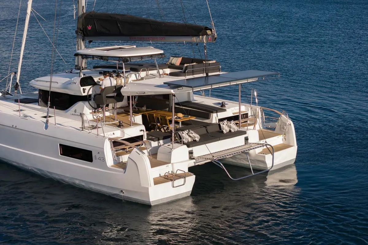 Exterior view of La Perla, a Lagoon 43 catamaran at Grad Šibenik, Croatia