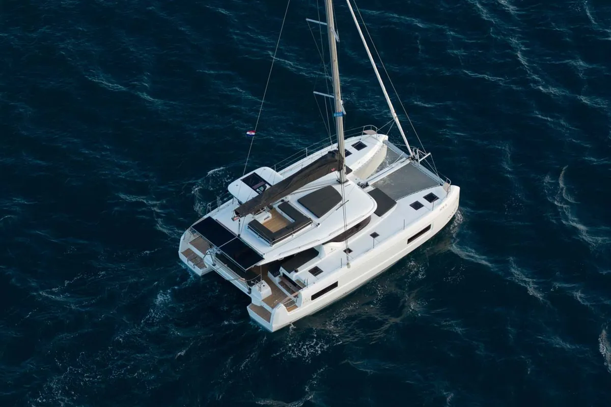 Exterior view of La Perla, a Lagoon 43 catamaran at Grad Šibenik, Croatia