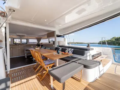 Deck of La Perla, a Lagoon 43 catamaran at Grad Šibenik, Croatia