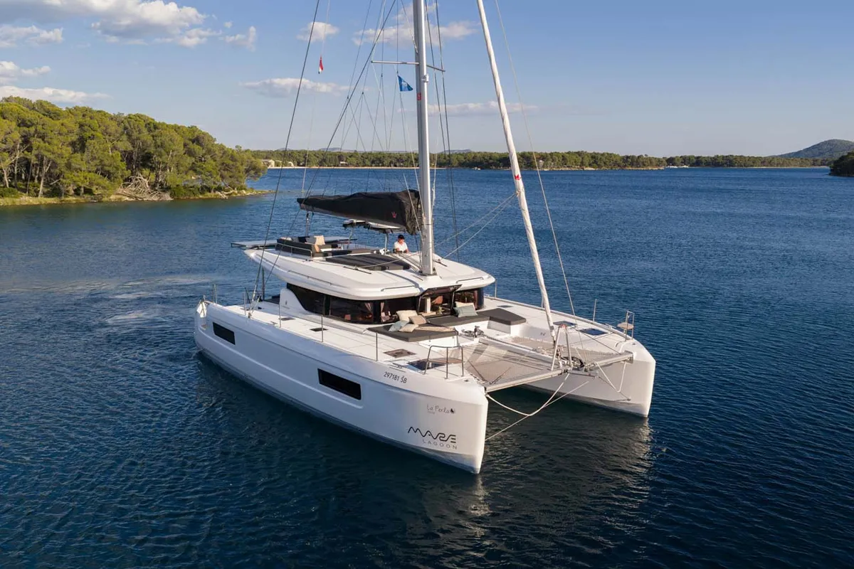 Exterior view of La Perla, a Lagoon 43 catamaran at Grad Šibenik, Croatia