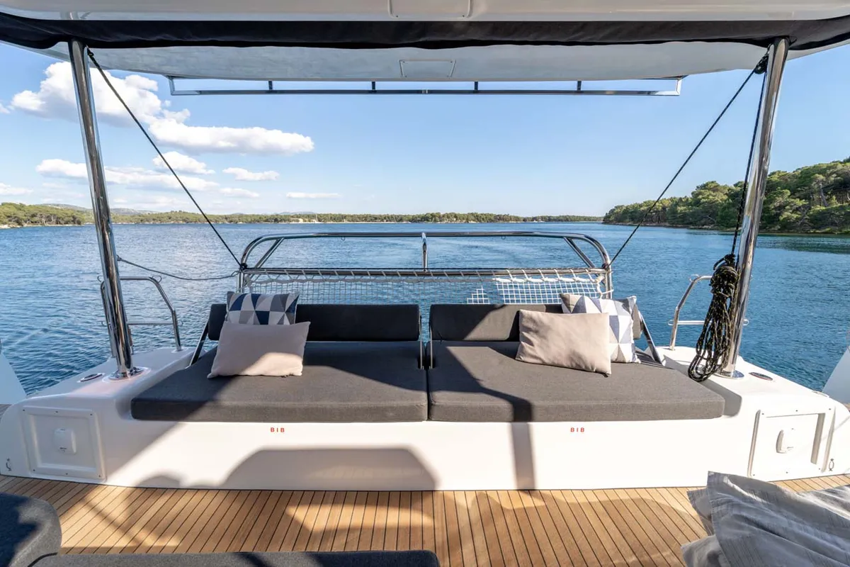 Deck of La Perla, a Lagoon 43 catamaran at Grad Šibenik, Croatia