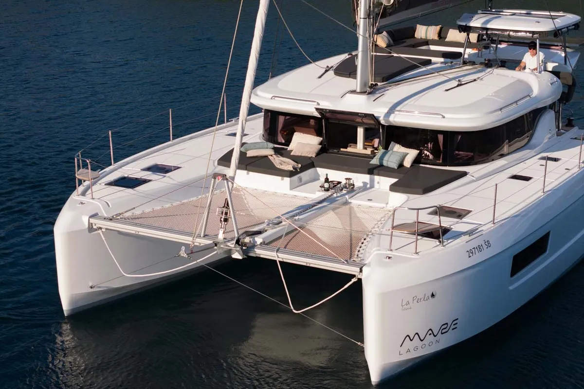 Exterior view of La Perla, a Lagoon 43 catamaran at Grad Šibenik, Croatia