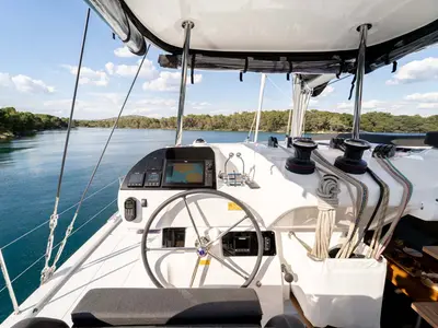 Cockpit of La Perla, a Lagoon 43 catamaran at Grad Šibenik, Croatia