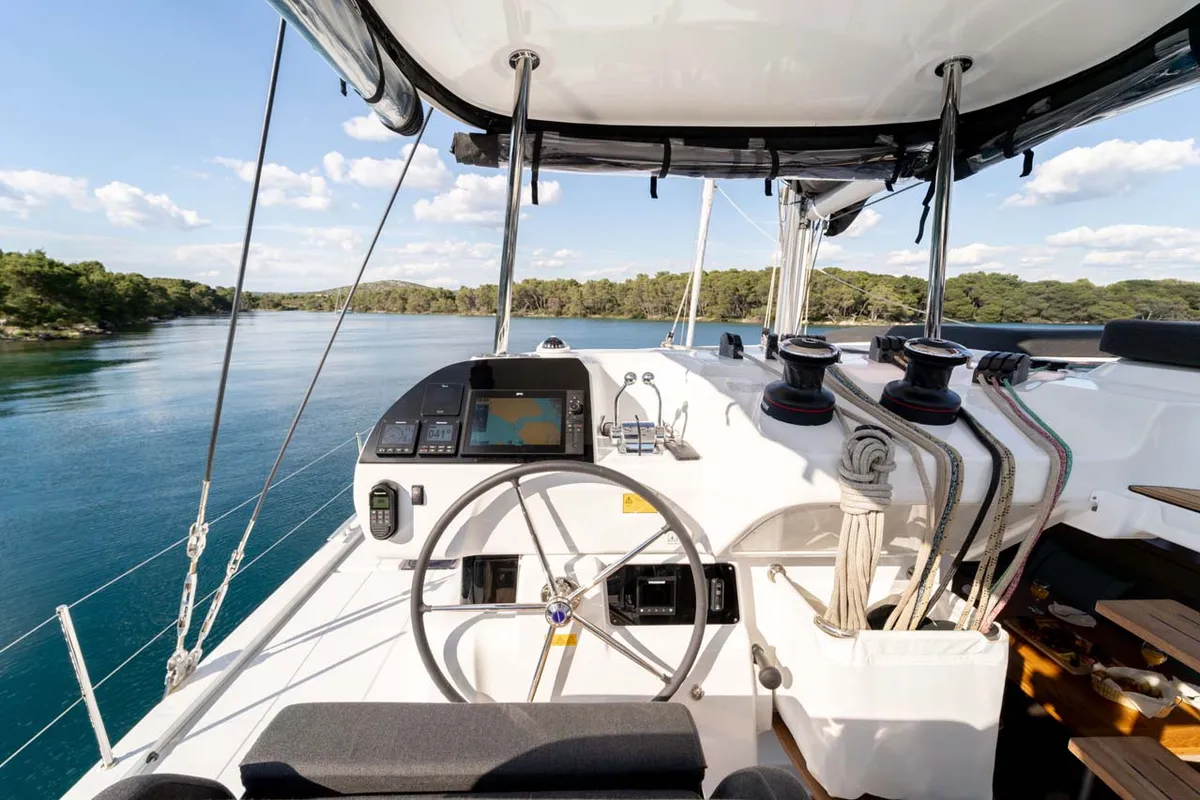 Cockpit of La Perla, a Lagoon 43 catamaran at Grad Šibenik, Croatia
