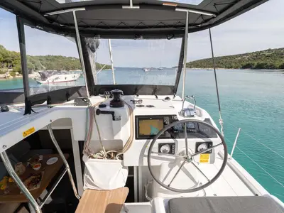 Cockpit of Mare Amore, a Lagoon 38 catamaran at Grad Šibenik, Croatia