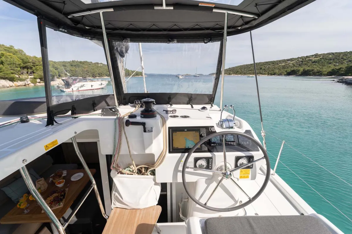 Cockpit of Mare Amore, a Lagoon 38 catamaran at Grad Šibenik, Croatia