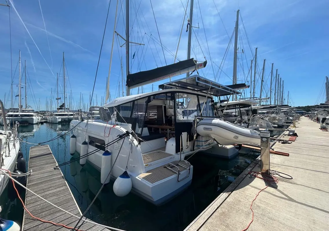 Exterior view of Mare Amore, a Lagoon 38 catamaran at Grad Šibenik, Croatia