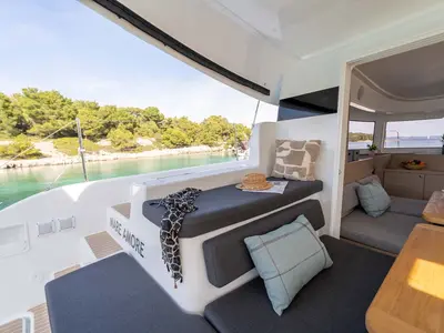 Deck of Mare Amore, a Lagoon 38 catamaran at Grad Šibenik, Croatia