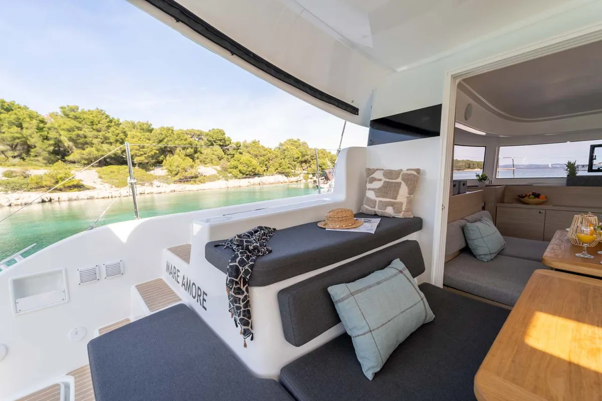 Deck of Mare Amore, a Lagoon 38 catamaran at Grad Šibenik, Croatia