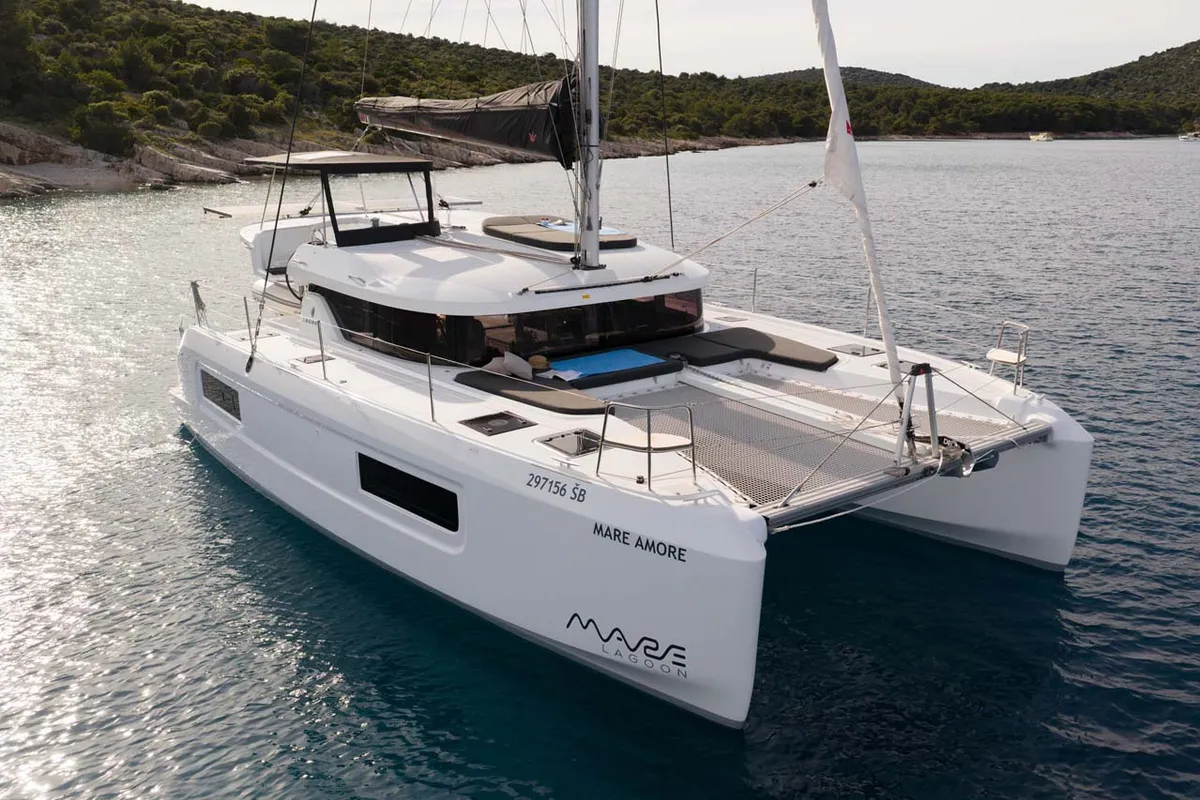 Exterior view of Mare Amore, a Lagoon 38 catamaran at Grad Šibenik, Croatia