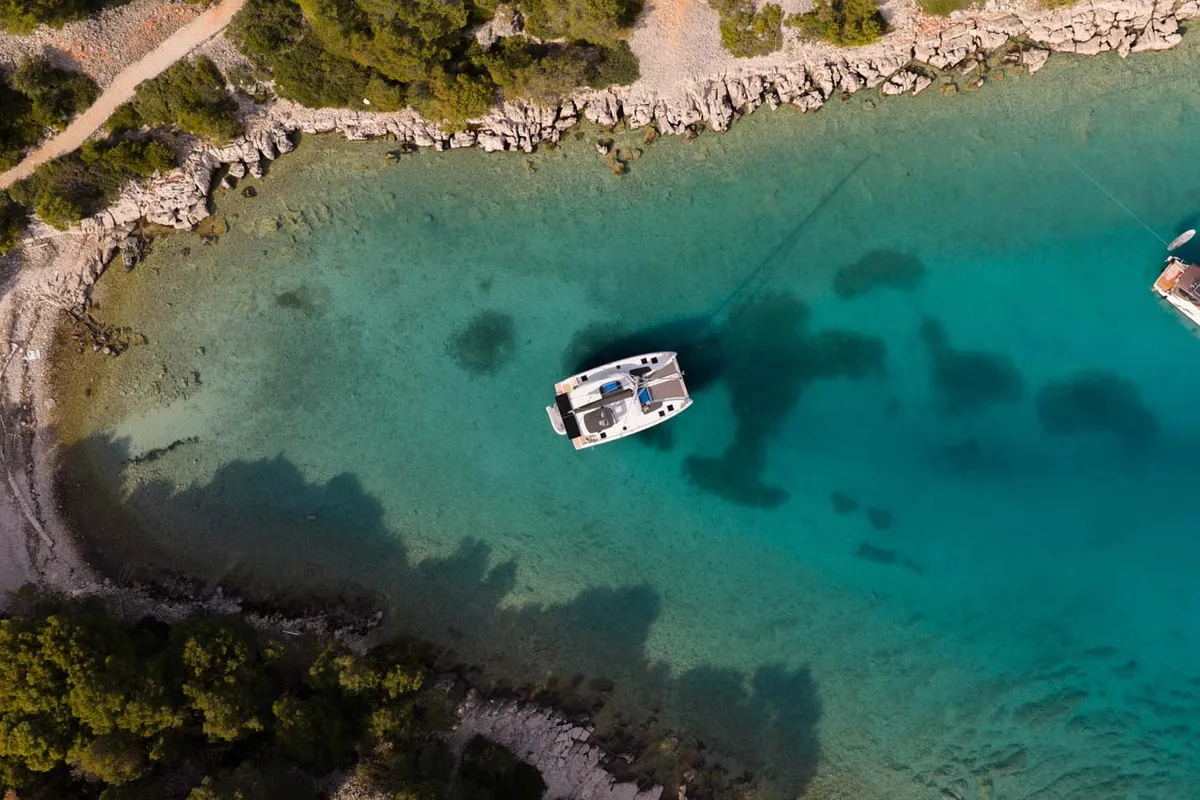 Exterior view of Mare Amore, a Lagoon 38 catamaran at Grad Šibenik, Croatia