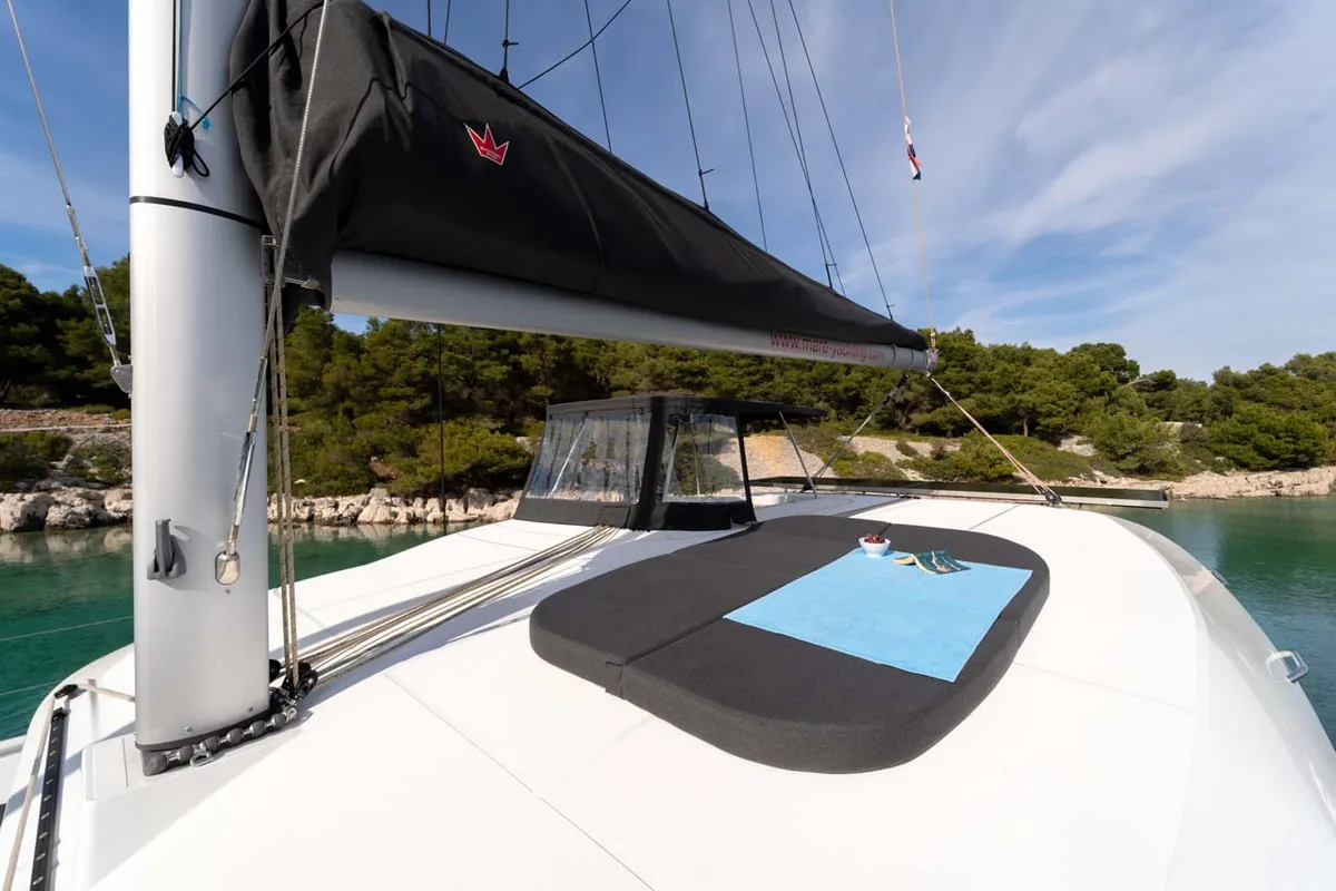 Deck of Mare Amore, a Lagoon 38 catamaran at Grad Šibenik, Croatia