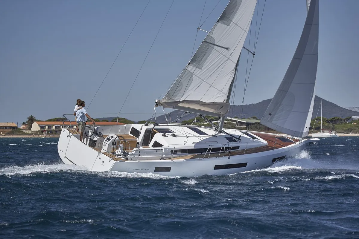 Exterior view of Sea Friends, a Jeanneau Sun Odyssey 440 sailboat at Marmaris, Turkey