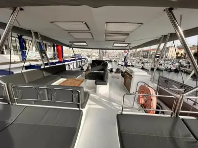 Cockpit of Kalista II, a Fountaine Pajot Samana 59 catamaran at Cogolin, France