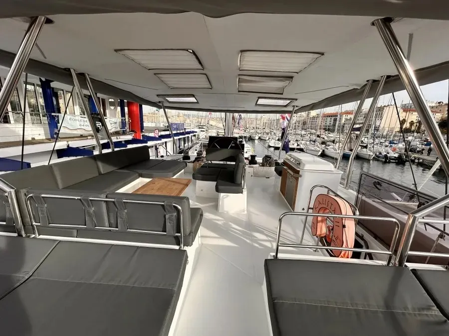 Cockpit of Kalista II, a Fountaine Pajot Samana 59 catamaran at Cogolin, France