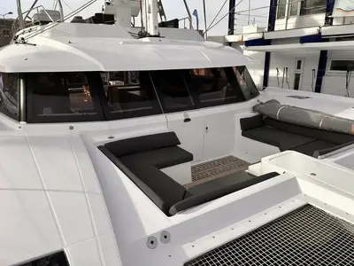 Deck of Kalista II, a Fountaine Pajot Samana 59 catamaran at Cogolin, France