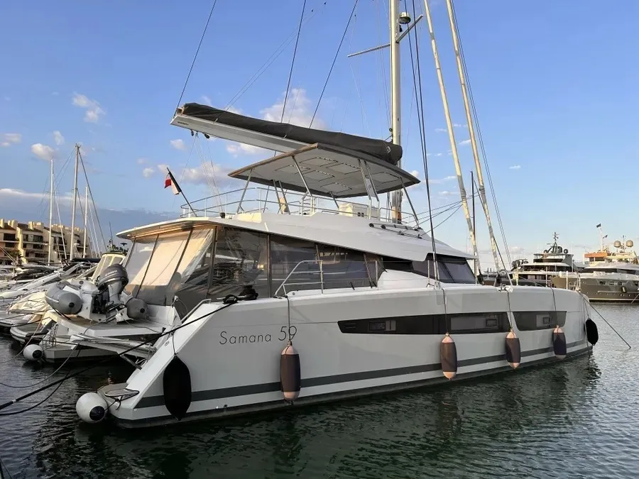 Exterior view of Kalista II, a Fountaine Pajot Samana 59 catamaran at Cogolin, France