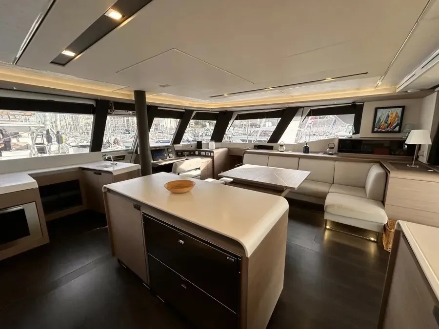 Salon of Kalista II, a Fountaine Pajot Samana 59 catamaran at Cogolin, France