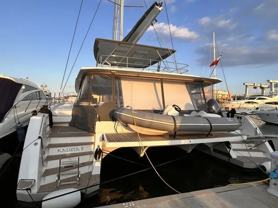 Exterior view of Kalista II, a Fountaine Pajot Samana 59 catamaran at Cogolin, France