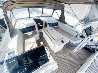 Cockpit of Folie Douce, a Beneteau Oceanis 46.1 sailboat at Hyères, France