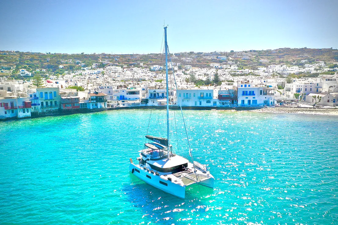 Exterior view of Keyma, a Lagoon 46 catamaran at Agios Stefanos, Greece