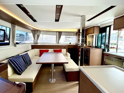 Salon of Keyma, a Lagoon 46 catamaran at Agios Stefanos, Greece