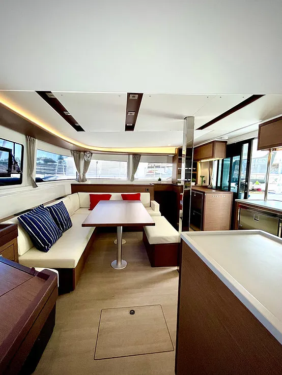 Salon of Keyma, a Lagoon 46 catamaran at Agios Stefanos, Greece