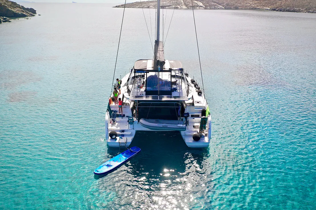 Exterior view of Keyma, a Lagoon 46 catamaran at Agios Stefanos, Greece