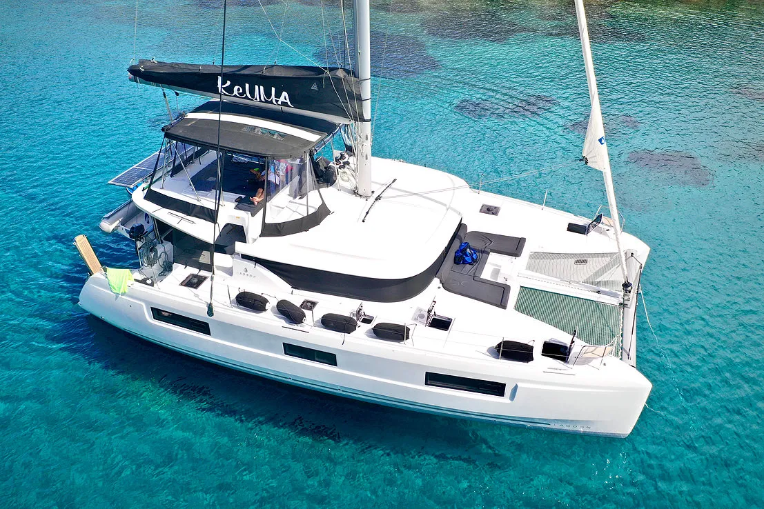 Exterior view of Keyma, a Lagoon 46 catamaran at Agios Stefanos, Greece