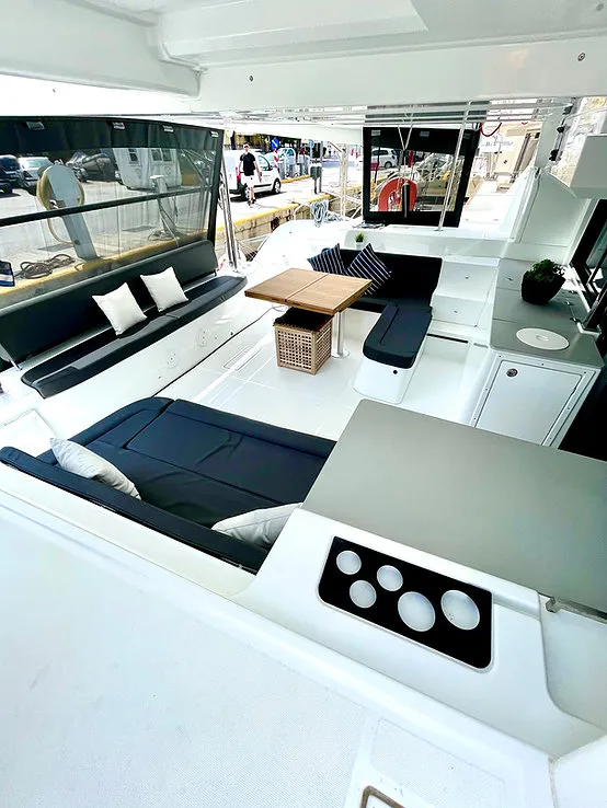 Deck of Keyma, a Lagoon 46 catamaran at Agios Stefanos, Greece