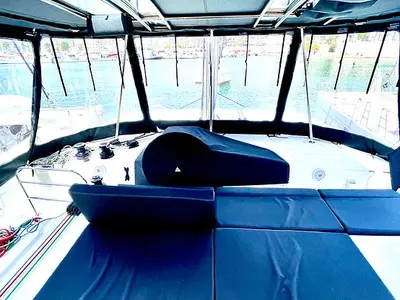 Cockpit of Keyma, a Lagoon 46 catamaran at Agios Stefanos, Greece