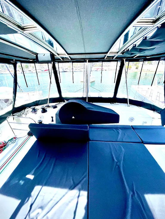Cockpit of Keyma, a Lagoon 46 catamaran at Agios Stefanos, Greece