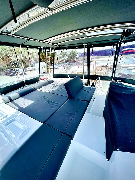 Deck of Keyma, a Lagoon 46 catamaran at Agios Stefanos, Greece