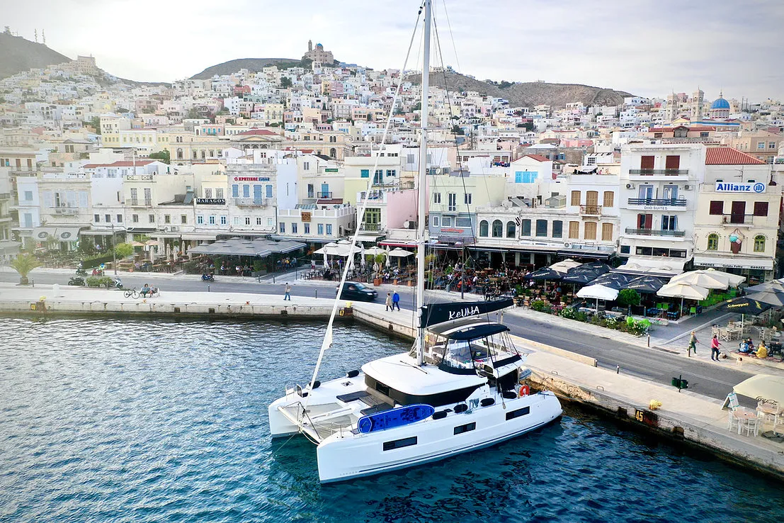 Exterior view of Keyma, a Lagoon 46 catamaran at Agios Stefanos, Greece