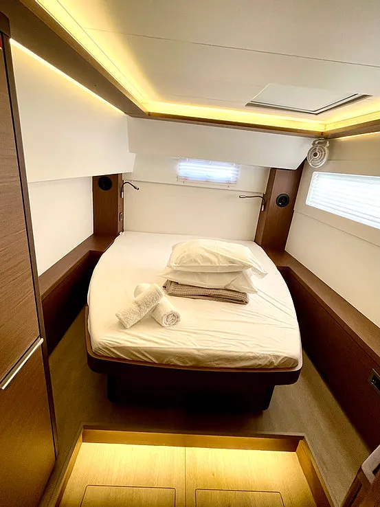 Cabin on Keyma, a Lagoon 46 catamaran at Agios Stefanos, Greece