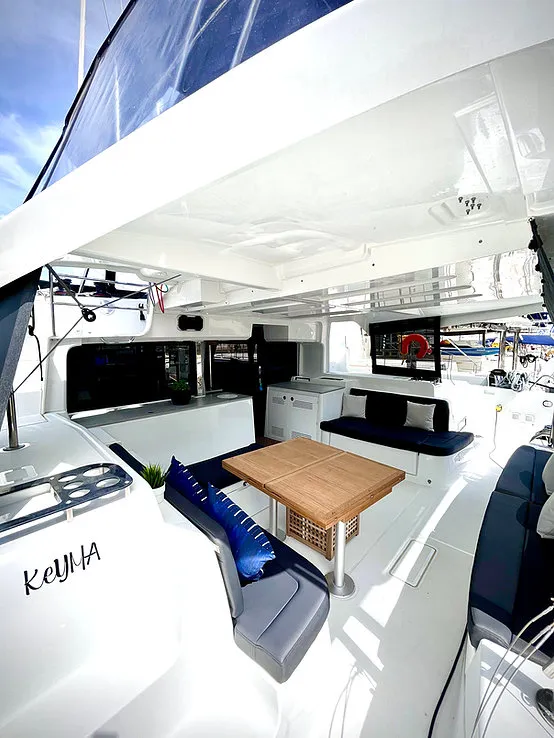 Salon of Keyma, a Lagoon 46 catamaran at Agios Stefanos, Greece