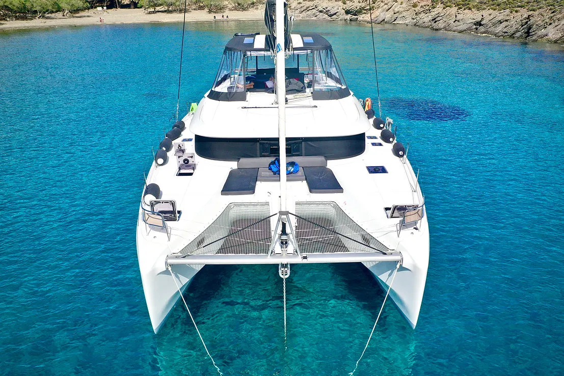 Exterior view of Keyma, a Lagoon 46 catamaran at Agios Stefanos, Greece