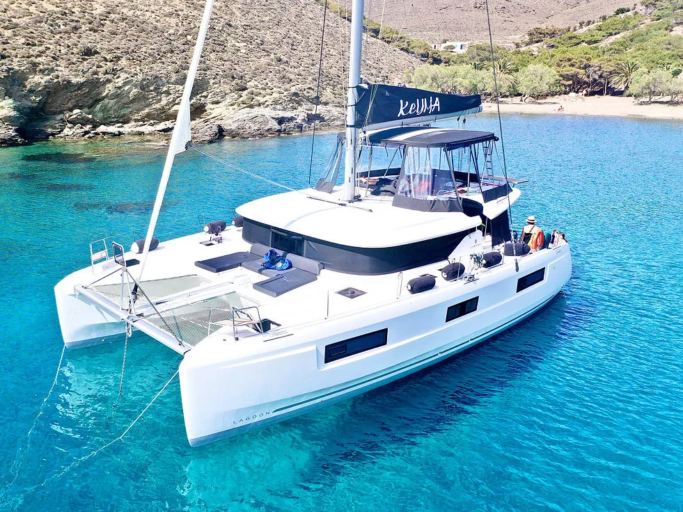 Exterior view of Keyma, a Lagoon 46 catamaran at Agios Stefanos, Greece