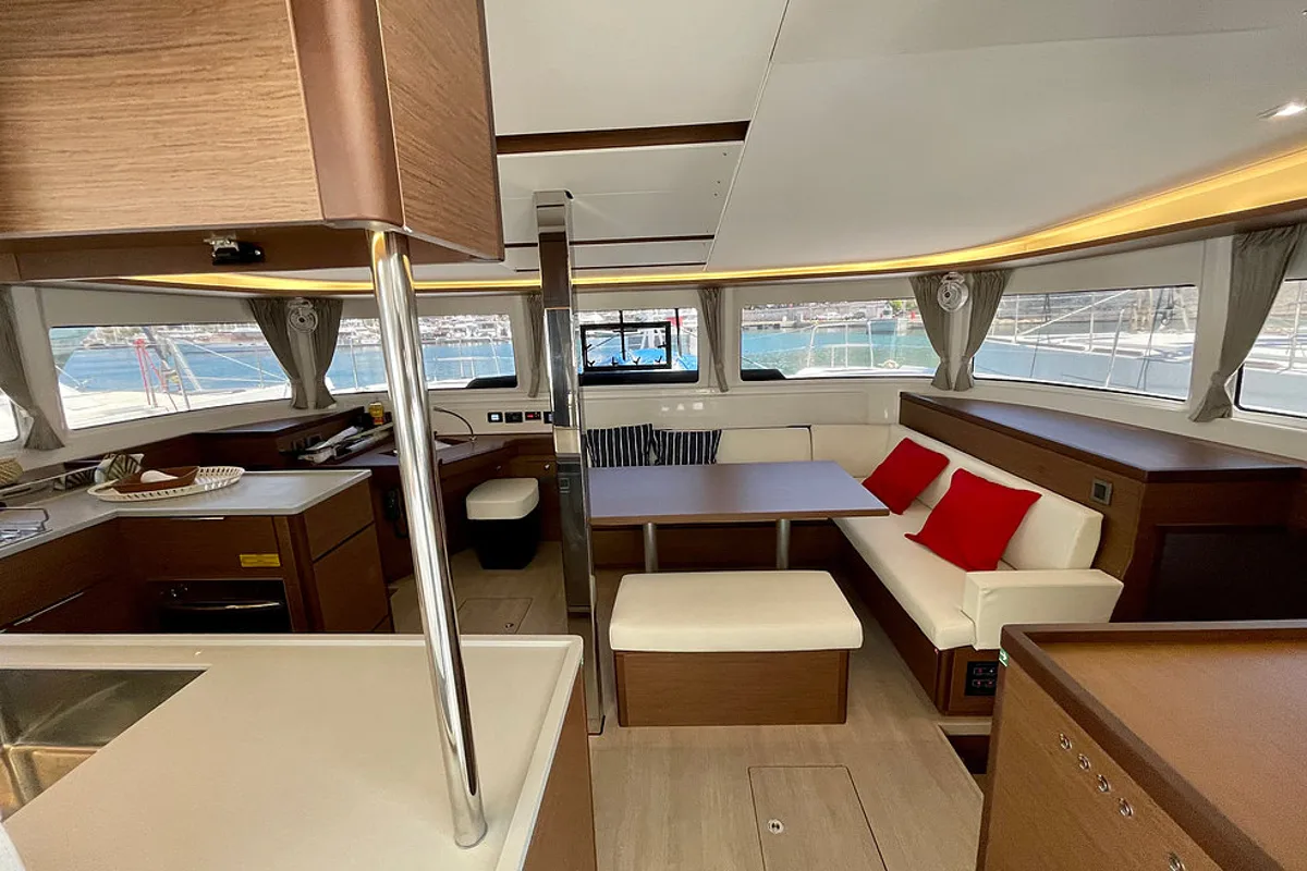 Salon of Keyma, a Lagoon 46 catamaran at Agios Stefanos, Greece